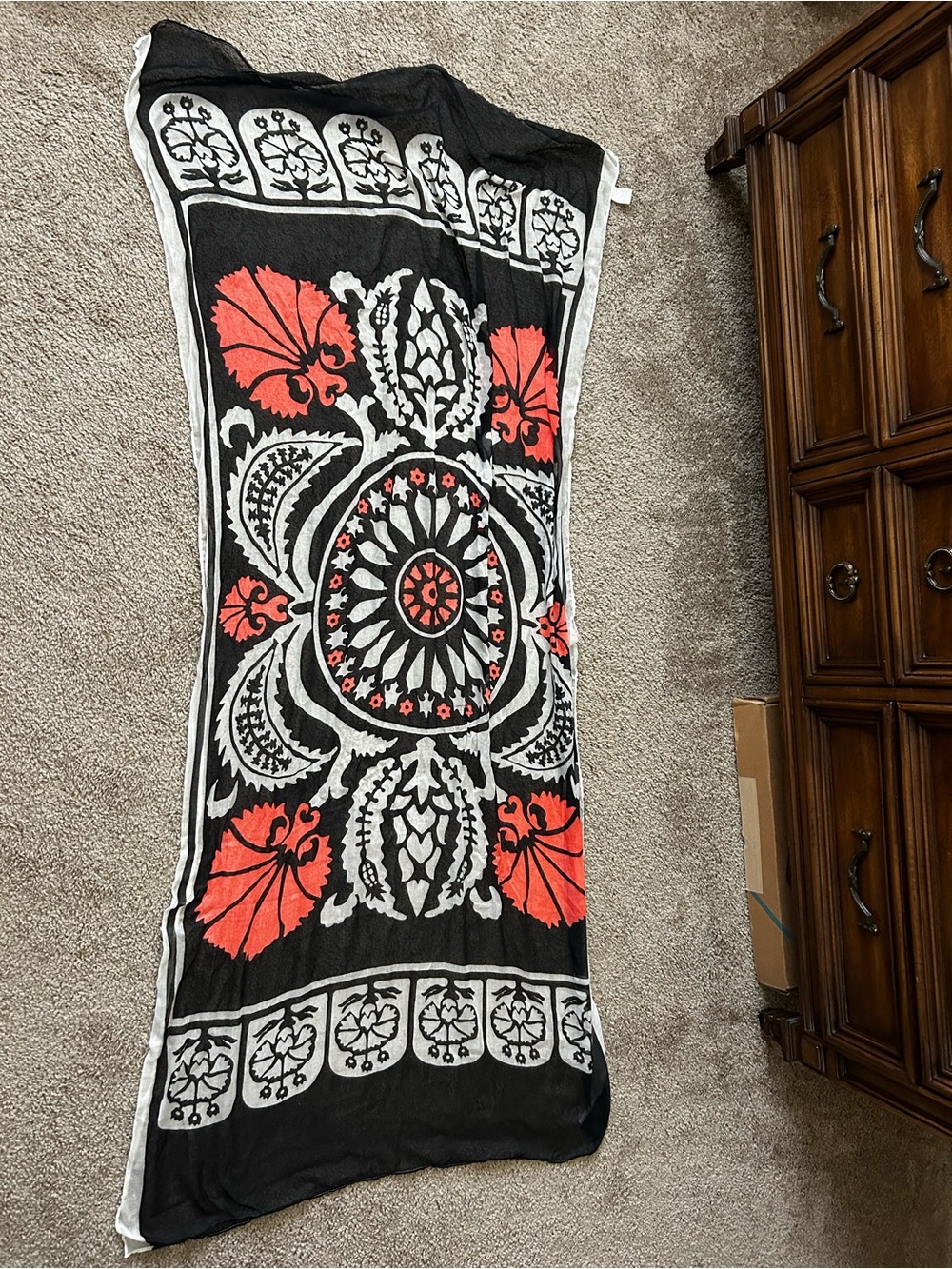 Black, White & salmon floral scarf or wall decoration